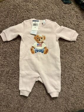 Ralph Lauren Light Pink Bear Appliqué Cotton Footie